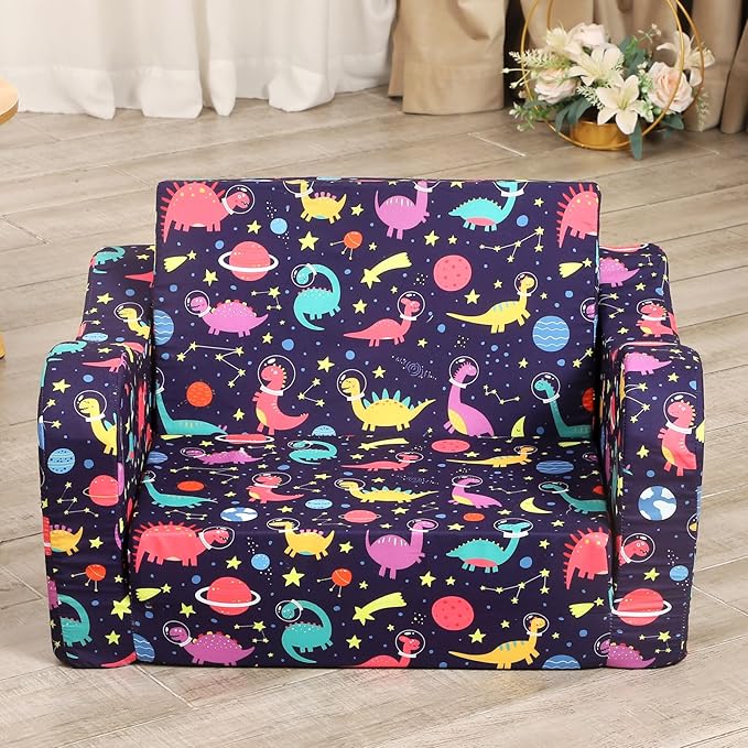Dinosaur Kids Sofa, 2-in-1 Kids Couch Fold Out, Convertible Sofa to Bed for Girls and Boys