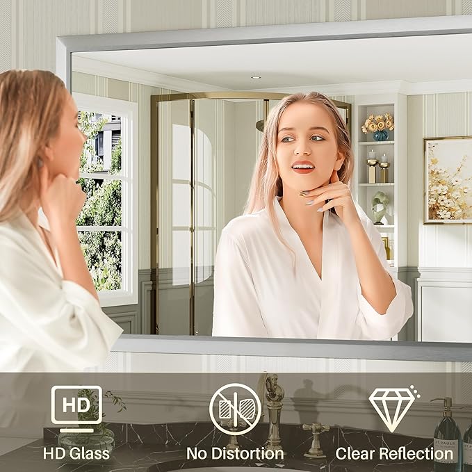 48x36 Inch Silver Bathroom Mirror for Wall, Thick Metal Framed Rectangle Mirrors for Over Sink, Bedroom, Living Room, Entryway, Anti-Rust, HD Tempered Glass