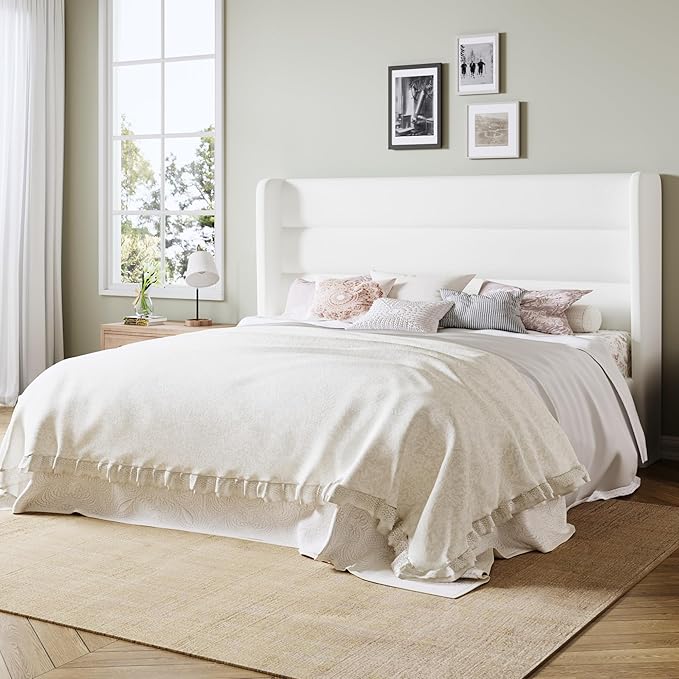 Allewie King Size Platform Bed Frame with Velvet Upholstered Wingback Headboard, No Box Spring Needed, Under Bed Storage Space, Strong Wooden Slats, Modern Mattress Foundation, Easy Assembly, White