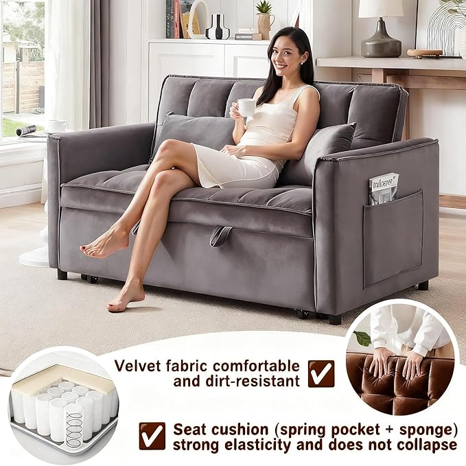 3 in1 Sofa Bed, Pull-Out Sleeper Sofa Bed with 3-Level Adjustable Backrest, Velvet Fabric Convertible Love Seat Sleepers Beds for Living Room & Bedroom & Apartment, Grey