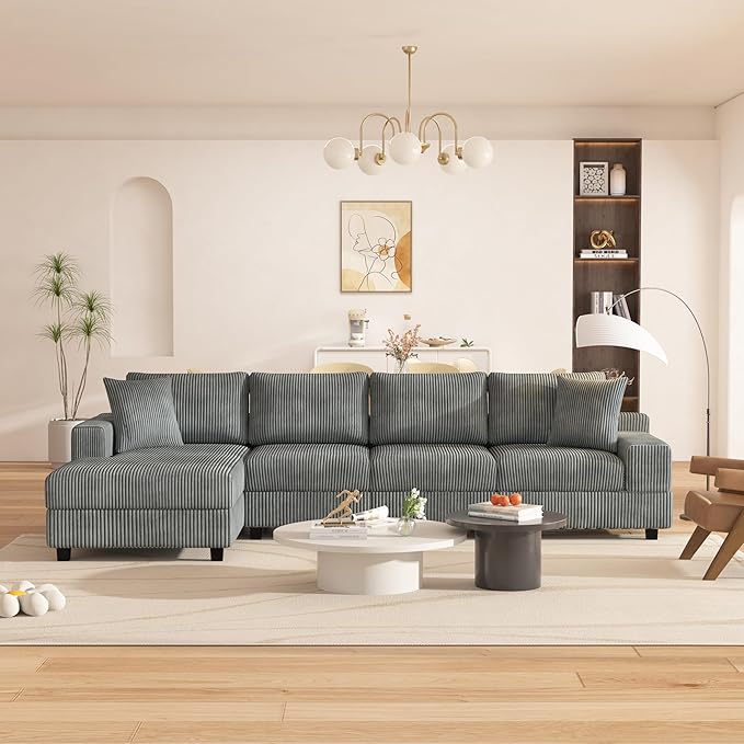 Eafurn 132.68" Oversized L Shaped Modular Sectional Sofa Couch with Reversible Chaise Lounge Daybed, Modern Corduroy Upholstered Corner Lounge Couch with Thick Cushions and Headrest