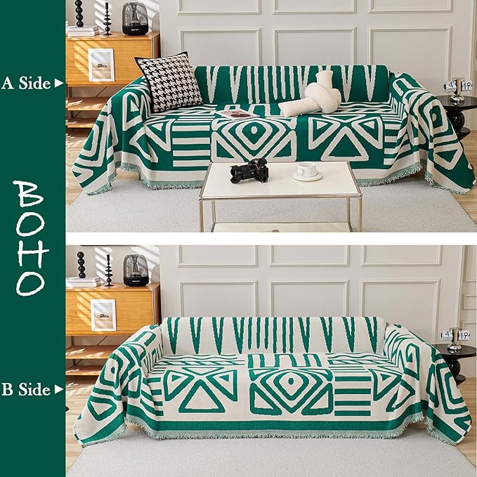 HANDONTIME Couch Cover Boho Sofa Covers Washable Forest Green Dog Covers for Couches Reversible Couch Blanket Cover Geometric L Shaped Couch Covers for 2 3 Couch Cushion Cover Dark Green, 71" X150"