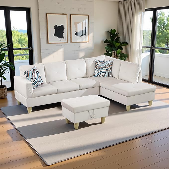 97" Oversized Sectional Couch, L Shaped Couch with Storage Ottoman, Modern Modular Sofa with Deep Seat, Sectional Couches for Living Room and Office, White (Flannel)