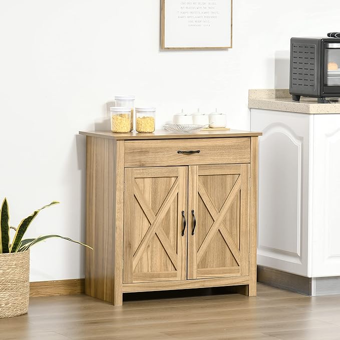 HOMCOM Farmhouse Sideboard Buffet Cabinet, Barn Door Coffee Bar Cabinet with Drawer and Adjustable Shelf, for Living Room, Entryway, Natural Wood Effect