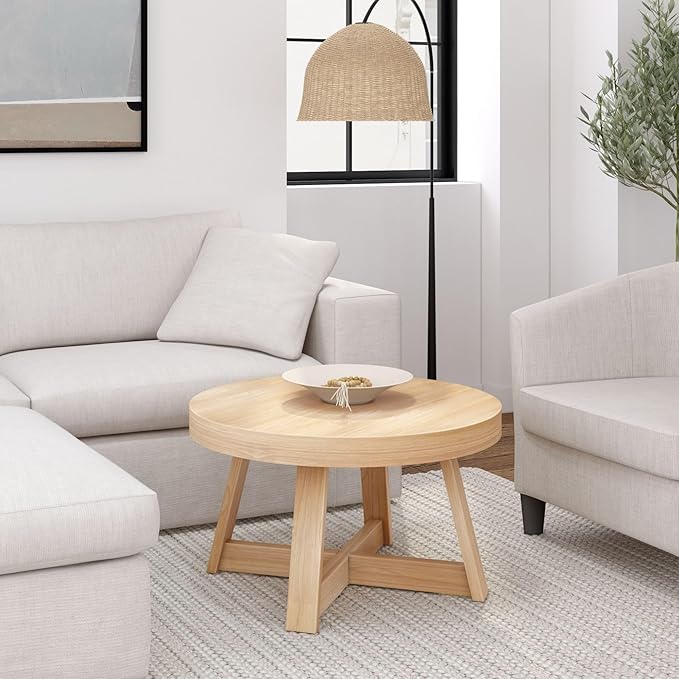 Plank+Beam Classic Round Coffee Table, 30 Inch Farmhouse Coffee Table, Rustic Mini Center Tables for Small Spaces, Small Living Space Tea Table, Blonde Wirebrush