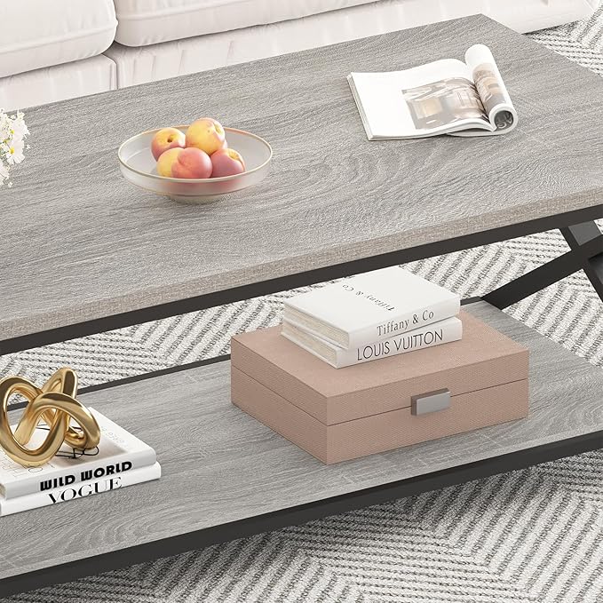 HSH Rustic Grey Coffee Table, Modern Minimalist Living Room Table with Storage Shelf, Industrial Simple Metal Wooden Center Table, 2 Tier Rectangle Cocktail Tea for Home Office Bedroom, 39 Inch