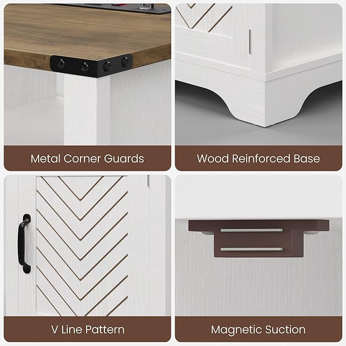 RoyalCraft Farmhouse Nightstand Set of 2, White Night Stand with LED Lights and Charging Station, Bedside Table Set of 2 with Storage and Door, Wood End Table for Bedroom, Home Office, Antique White