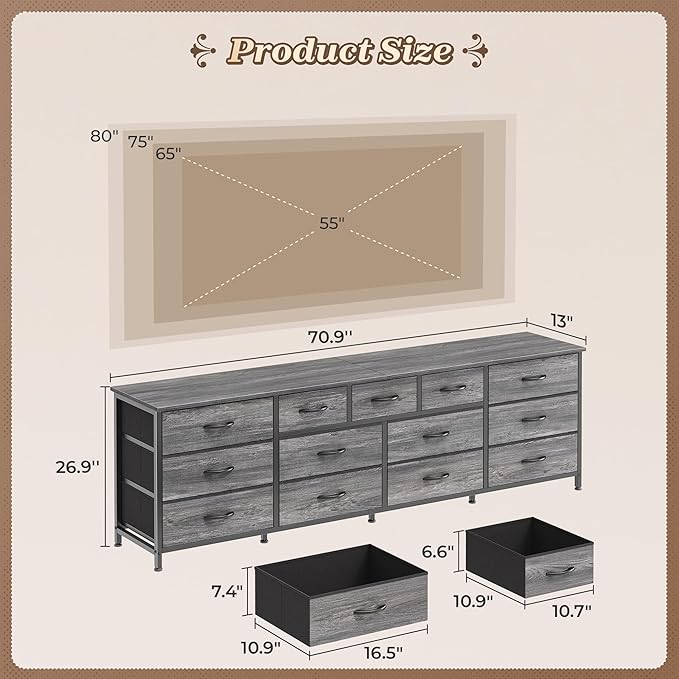 Huuger 70 Inch Dresser for Bedroom, TV Stand for 65, 75, 80 Inch TV, 13 Fabric Drawer Long Dresser, Large Entertainment Center for Bedroom, Wide Chest of Drawer with Storage, Grey