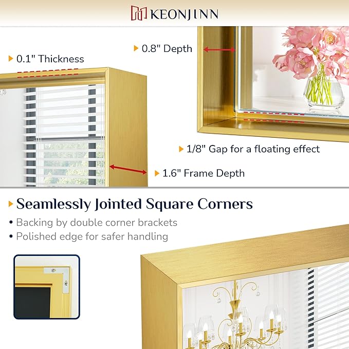 Keonjinn Gold 60 x 36 Inch Brushed Gold Metal Framed Rectangular Wall Mirror