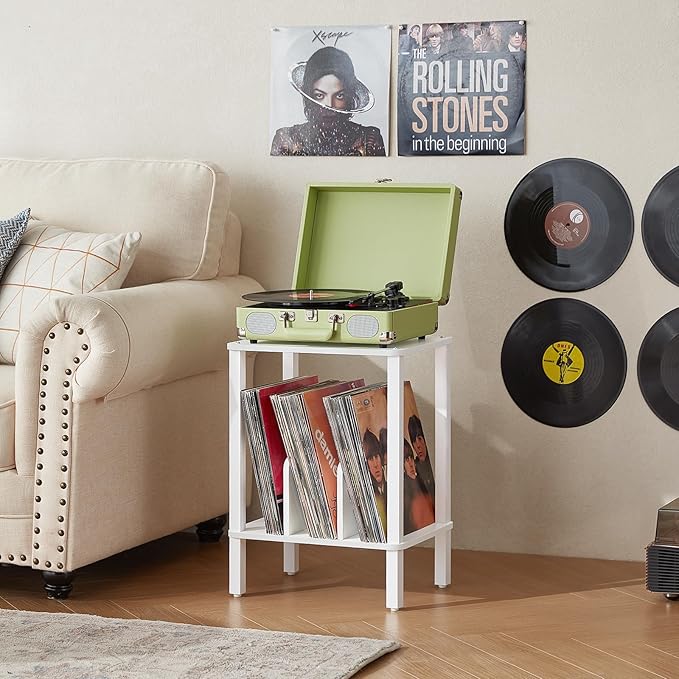 LELELINKY 2-Tier Record Player Stand with Vinyl Record Storage up to 100 Albums, Bedroom Record Holder and Multi-Functional End Table for Living Room, White