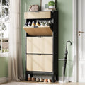GarveeHome Shoe Cabinet with 3 Flip Doors & 1 Drawer, Entrance Wooden Shoe Rack with Iron Legs, Slim Shoe Storage Cabinet, Modern Fluted Shoe Organizer for Entryway Hallway, Black+Oak