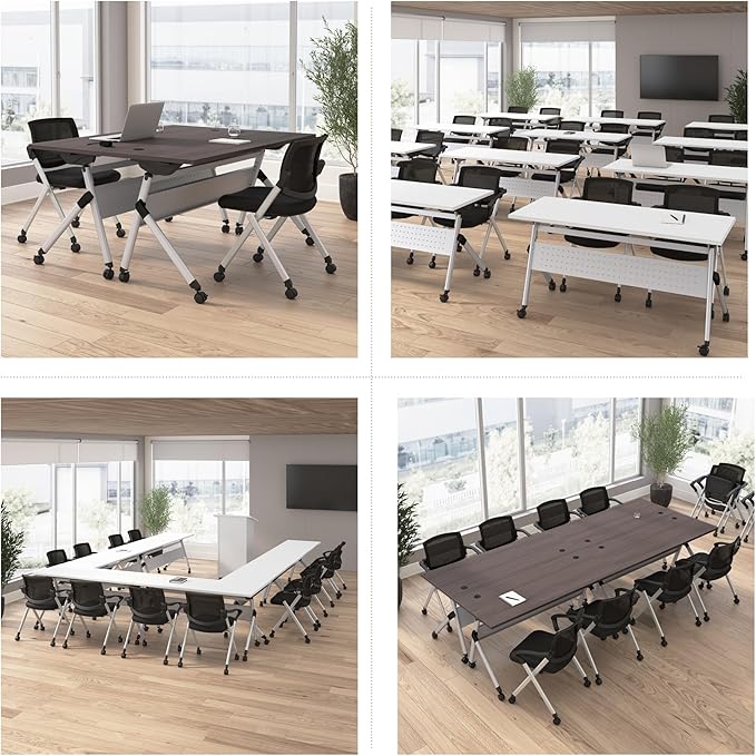 Bush Business Furniture Folding Training Table Set for 2, 60 inch Desk with Powered Grommets and 2 Chairs with Arms, Commercial-Grade Bundle for Office or Classroom, Envision Collection, Gray