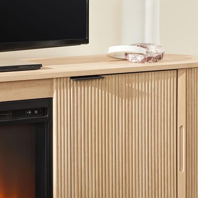 Walker Edison Chloe Reeded TV Stand with Fireplace Insert, 75 Inch, 70 Inch, Coastal Oak