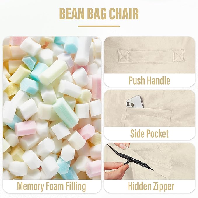 HABUTWAY Bean Bag Chair: Giant 6' Memory Foam Furniture Bean Bag Chair with Microfiber Cover - 6Ft,Beige
