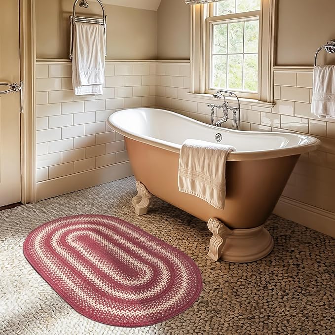 Autumn Maple Burgundy and Tan Oval Braided Rug, Jute, 27"x45" - Rustic Primitive Decor for Entryway, Kitchen, Everywhere