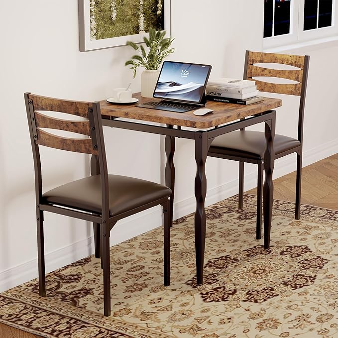 GarveeHome Dining Table Set for 2, Dining Table and Chairs Set of 2, 3 Piece Dining Table Set with Spiral Table Legs for Small Spaces, Kitchen, Apartment, Brown
