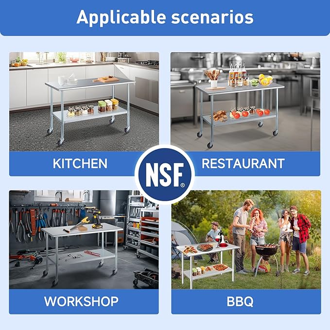 ROCKPOINT Stainless Steel Table for Prep & Work with Backsplash 14x72 Inches, NSF Metal Commercial Kitchen Heavy Duty Table with Adjustable Under Shelf and Table Foot for Restaurant, Home and Hotel