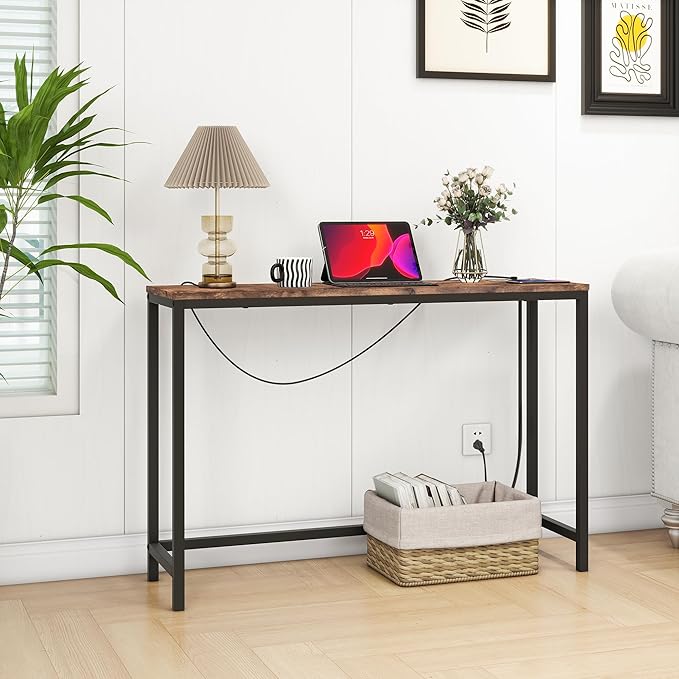 HOMERECOMMEND Console Table with Power Outlets and USB Ports,Sofa Tables with Charging Station,for Hallway, Entryway,Behind Couch Table,Rustic Brown