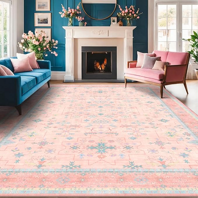 Washable Pink and Blue 7x9 Boho Rugs for Bedroom Girls, Living Room Kids Playroom Nursery Room, Modern Floral Distressed Design, Soft Low Pile Non Slip Stain Resistance Carpet