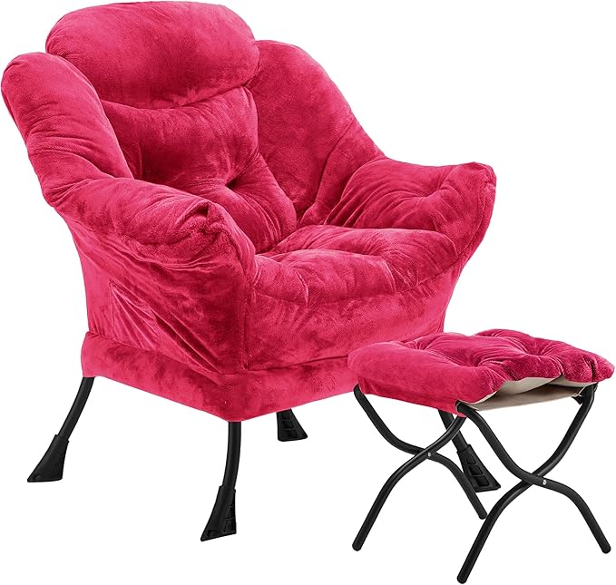 Fabric Lazy Chair with Ottoman, Oversized Upholstered Sofa Chair for Adults, Plush Comfy Lounge Chair with Large Side Storage Pocket, Reading Chair for Living Room, Bedroom, Office, Rose Red