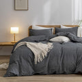 BESTOUCH Duvet Cover Set 100% Washed Cotton Linen Feel Super Soft Comfortable Chic Lightweight 3 PCs Home Bedding Set Solid Dark Black Full/Double