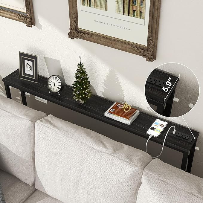 Tohomeor 5.9" Skinny Behind Sofa Console Table with Charging Station Charcoal Black 47.2" Narrow Long Behind Couch Table with Power Outlets USB Ports Thin Entry Table for Entryway Living Room Hallway