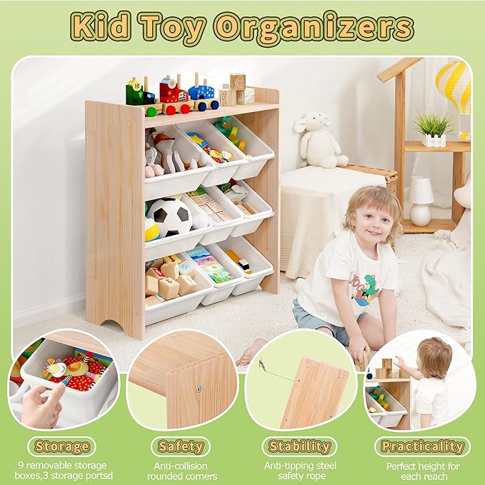MallBest 4-Tier Kids' Toy Storage Organizer Shelf - 100% Solid Wood,Children's Storage Cabinet with 9 Plastic Bins