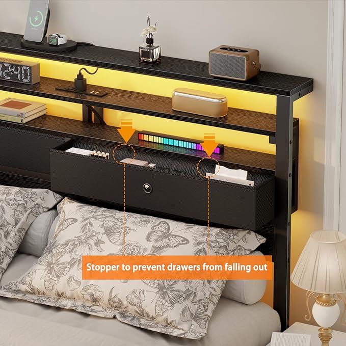 Furnulem Full Size Bed Frame with Headboard & 2 Fabric Drawers, Full Platform Bed Featuring LED Lights, Built-in Charging Station & Storage Shelves, Metal Slats, No Box Spring Needed – Black Oak