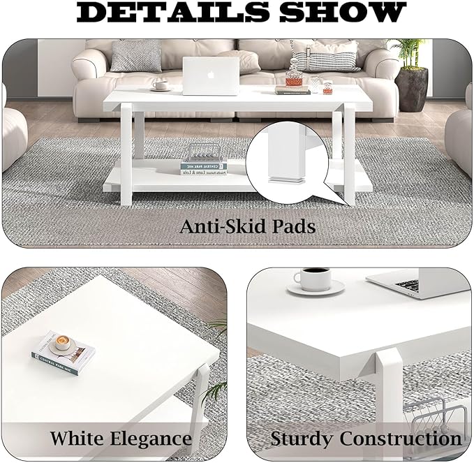 FOLUBAN White Coffee Table, Modern Rustic Wood and Metal Center Table with Storage Shelf, Rectangle Cocktail Tea Table for Living Room, 42 Inch