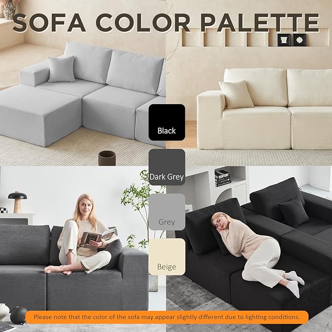 INGEROOM 108" Cloud Sectional Couch, Modular Sectional Sofa with L-Shaped Chaise, Modern Plush Corduroy Couch for Living Room Bedroom, No Assembly Required, Deep Seating（Beige）