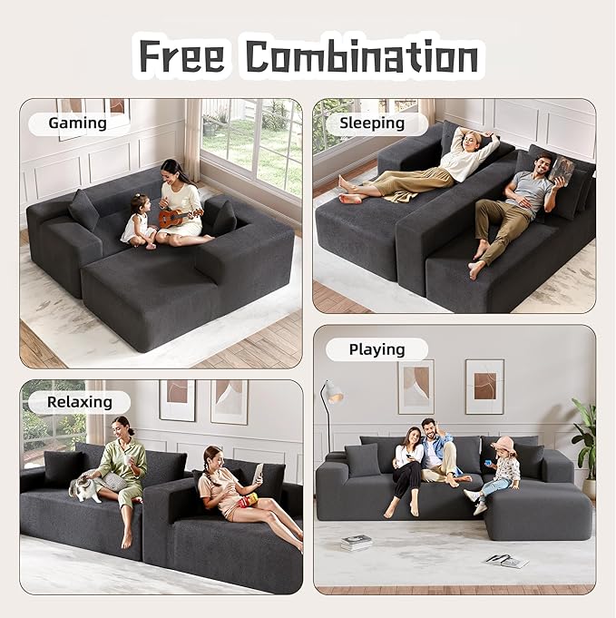 Cloud Sectional Couch, 104”L-Shape Oversized Sofa with Left Chaise Lounge, Modular Sleeper Couch with Pillows & Deep Seat, Rain Drop Velvet Fabric Compressed Sofa for Living Room, Dark Gray