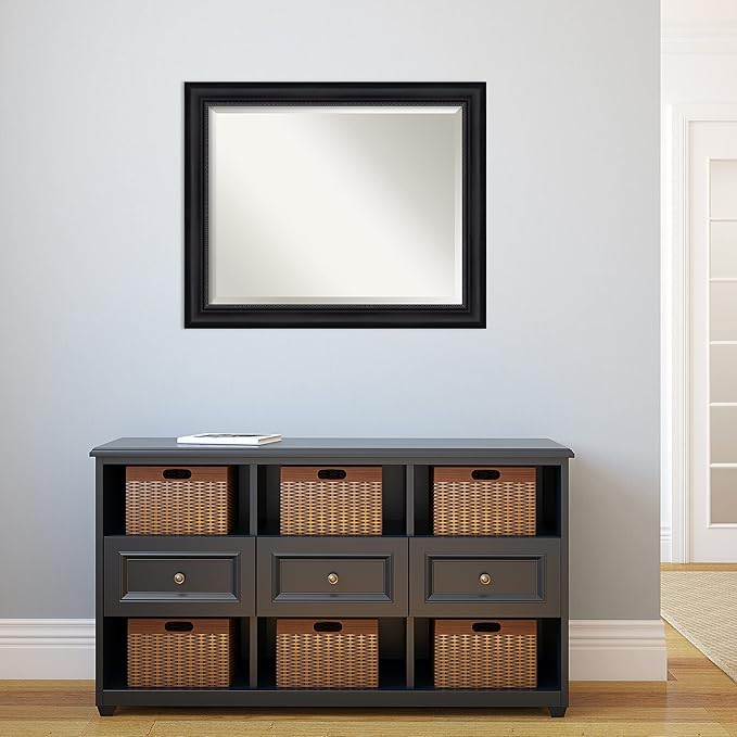 Amanti Art Black Bathroom Mirror for Over Sink, 27x33 Astor Black Rectangle Vanity Mirror, Large Traditional Frame, Hangs Horizonally and Vertically, Bathroom Wall Decor, Beveled Edge