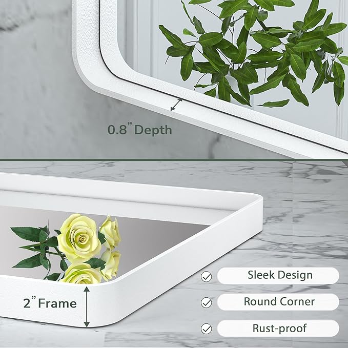 TokeShimi 40 x 30 Inch Wall Mirror for Bathroom White Metal Frame Decorative Rectangular Wall Mounted Home Decor Corner Hangs Farmhouse Mirror (Horizontal/Vertical)