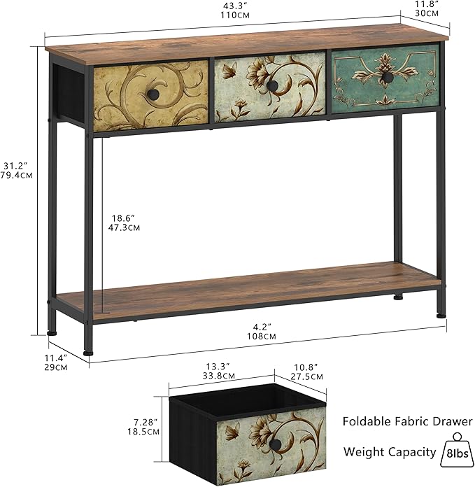 Tohomeor Entryway Console Table with 3 Retro Flowers Fabric Drawers Boho Narrow Long Behind Couch Sofa Table with Bottom Open Storage Shelf for Hallway Living Room Foyer (Rustic Brown, 3 Drawers)