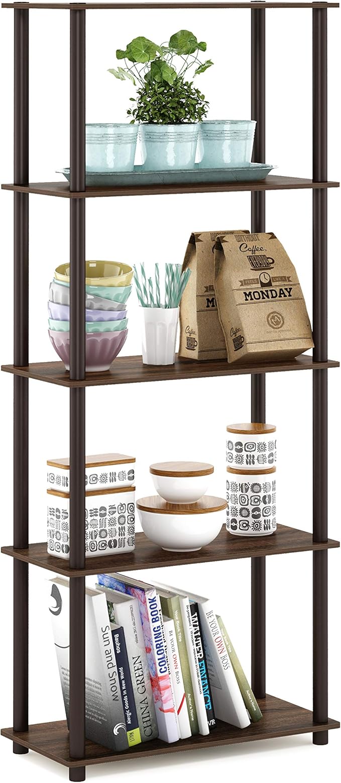Furinno Turn-N-Tube 5-Tier Multipurpose Shelf / Display Rack / Storage Shelf / Bookshelf, Round Tubes, Walnut/Brown