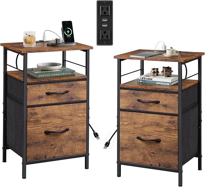 WLIVE Night Stand Set 2, Nightstand with Charging Station, Bedside Tables for Bedroom, Side Table with Fabric Drawers, USB Ports and Outlets, Rustic Brown