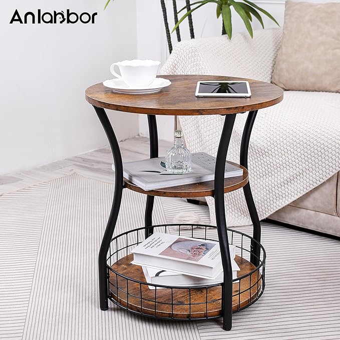 Round Side Table,3 Tier End Table with Storage Shelves for Living Room, Accent Sofa Couch Table for Small Spaces,Nightstand with Metal Frame for Bedroom, Rustic Brown - 19.7"