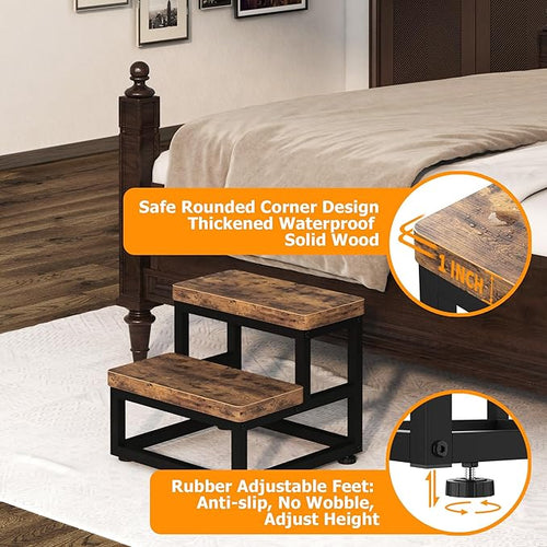 2 Step Wooden Step Stools for Adults Kids, Heavy Duty Stepping Stools Wooden Bed Step Stools for High Beds, Non-Slip 2 Bedside Foot Stool with 500 Lbs Capacity, Kitchen, Bed, RVS Step, Rustic Brown