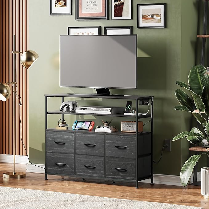 WLIVE Black TV Stand for 40, 45 inch TV, Entertainment Center with LED Lights & Charging Station, TV Media Console Table with 6 Fabric Drawers and Open Shelves for Living Room, Hallway, Wood Top
