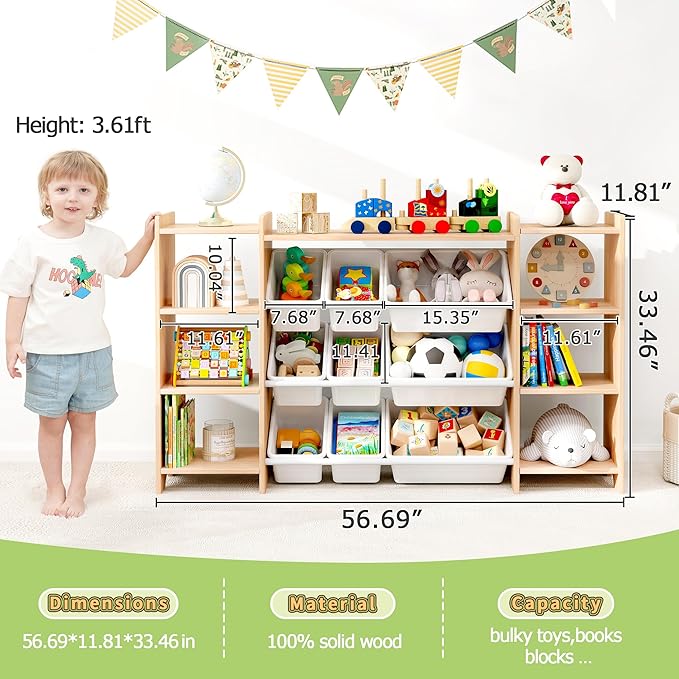 MallBest 4-Tier Kids' Toy Storage Organizer Shelf - 100% Solid Wood,Extra Wide Children's Storage Cabinet with 9 Plastic Bins and 6 Storage Ports