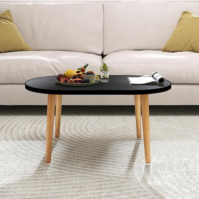 Oval Coffee Table Low Table with 4 Solid Wood Sturdy Legs, Floor Table Desk for Sitting on The Floor, Storage and Living Room Furniture (Black)