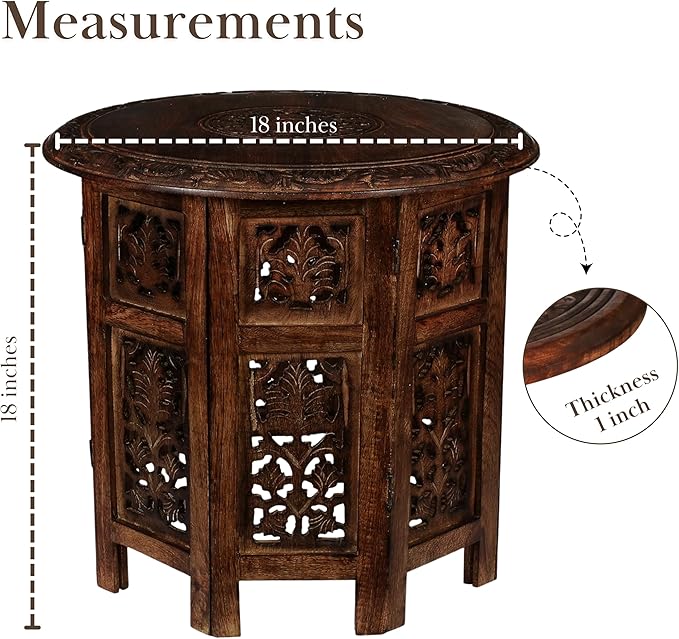 Round Wood Coffee Table - 18” Carved Small Accent Side Table with Burnt Finish, Wooden Altar Table, 18” Round Top x 18” Height, Perfect End Table for Living Room Décor