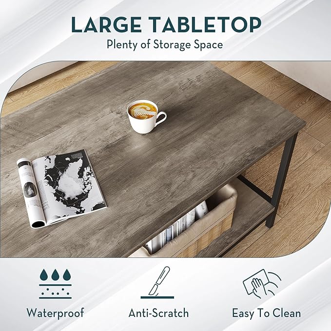SAYGOER 2-Tier Coffee Table for Living Room Farmhouse Style Center Table with Storage Shelf Rectangle Wood Table for Large or Small Spaces Apartment Home Office, Easy Assembly Gray Wash