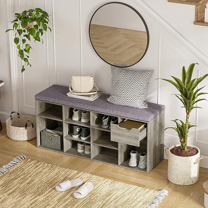 DINZI LVJ Shoe Bench, Entryway Storage Bench with Drawer and 11 Cubbies, Cubby Shoe Rack with Adjustable Shelves, Organizer Cabinet for Living Room, Mudroom, Closet and Garage, Gray Wash