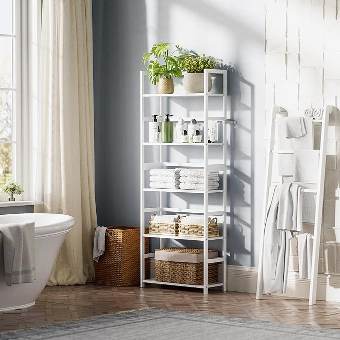 5-Tier Bookshelf, Industrial Bookcase with Bamboo Frame, Modern Display Standing Shelf Unit, Tall Wood Storage Organizer for Living Room, Home Office, White