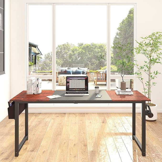 Decoholic 71Inch Home Office Computer Two-Color Panel Desk with Storage Bag and Hook, Black, Sandalwood Color, Industrial Modern Laptop Desk