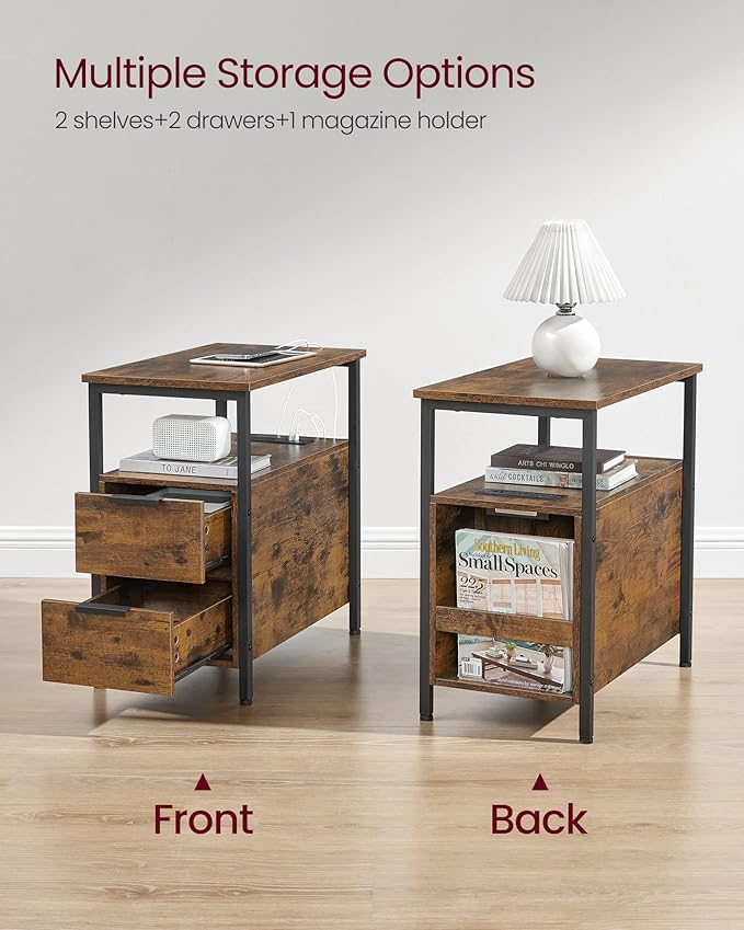 VASAGLE Side Table with Charging Station, Narrow End Table with 2 Drawers, Slim Nightstand and Bedside Table with Storage, for Small Spaces, Rustic Brown + Black
