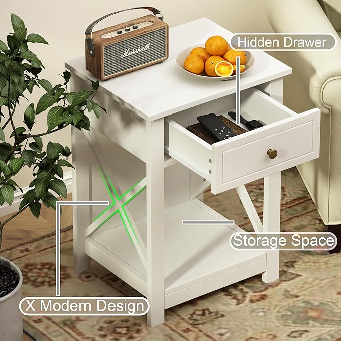Treocho White Nightstand Set of 2, Modern X-Design Night Stand,Bedside End Table with Open Storage for Small Place,Bedroom