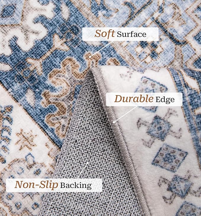zesthome 5x7 Area Rugs - Ultra-Thin Washble Rug, Stain Resistant Anti Slip Backing Rugs for Living Room,Bedroom, Vintage Home Decor Area Rug (Blue/Beige,5'x7')
