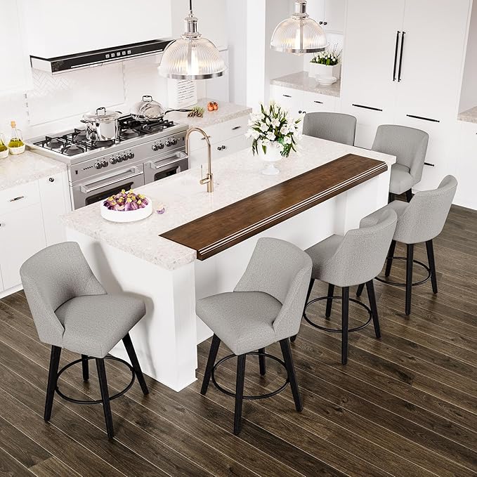 Counter Height Swivel Bar Stools Set of 6, 26 Inch Bar Stools with Footrest, Linen Fabric Upholstered Barstools with Back and Solid Wood Legs for Kitchen Island, Dining Room,Pub,Light Grey